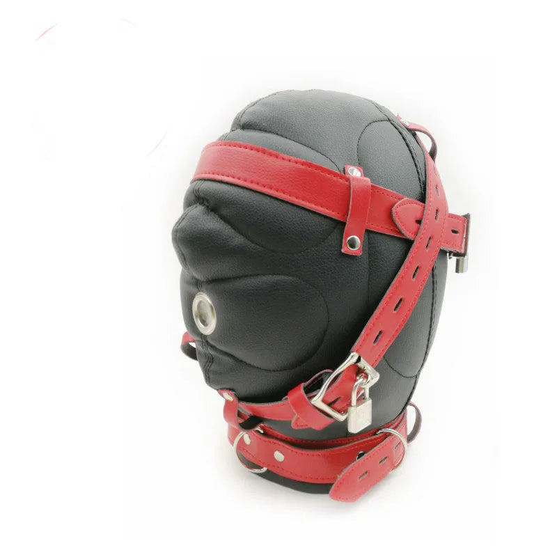 PU Leather Total Sensory Deprivation Full Head Bondage Hood Headgear Mouth Open Lockable Gimp Bondage BDSM Sex Toy for Couple