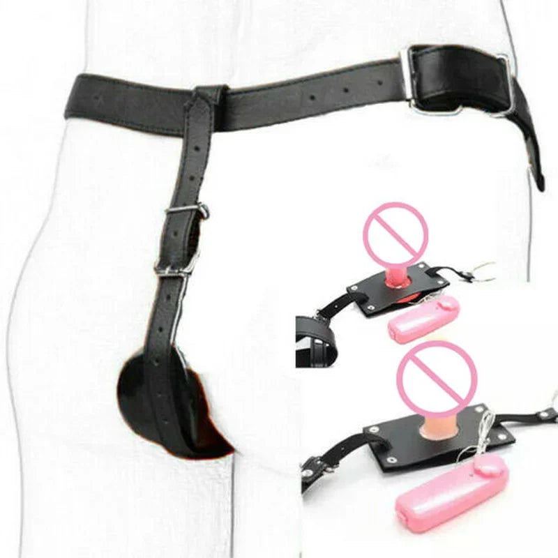 PU Leather Vibrating Butt Plug Harness Male Chastity Belt Device with Vibrator Anal Plug Thong Panties for Men Sex Toys BDSM