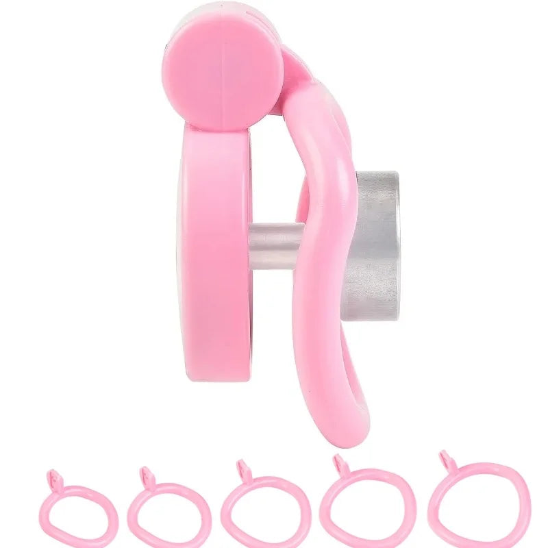 Pink Male Penis Chastity Cage Set Small Bird Chastity Cage 5 Cock Rings With Urethral Sound Plug Penis Bondage Slave Man Sex Toy