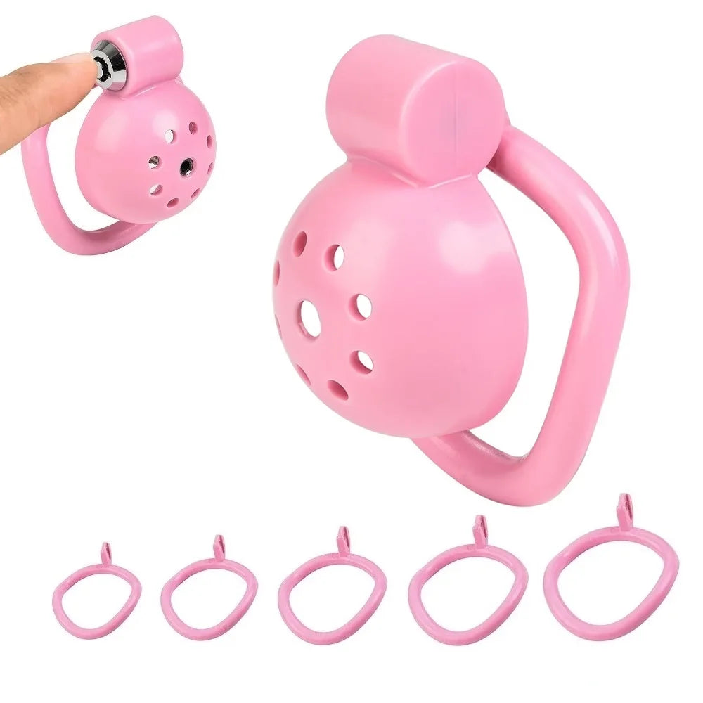 Pink Male Penis Chastity Cage Set Small Bird Chastity Cage Belt With Padlock 5 Cock Ring Penis Bondage Slave Man Sex Toy