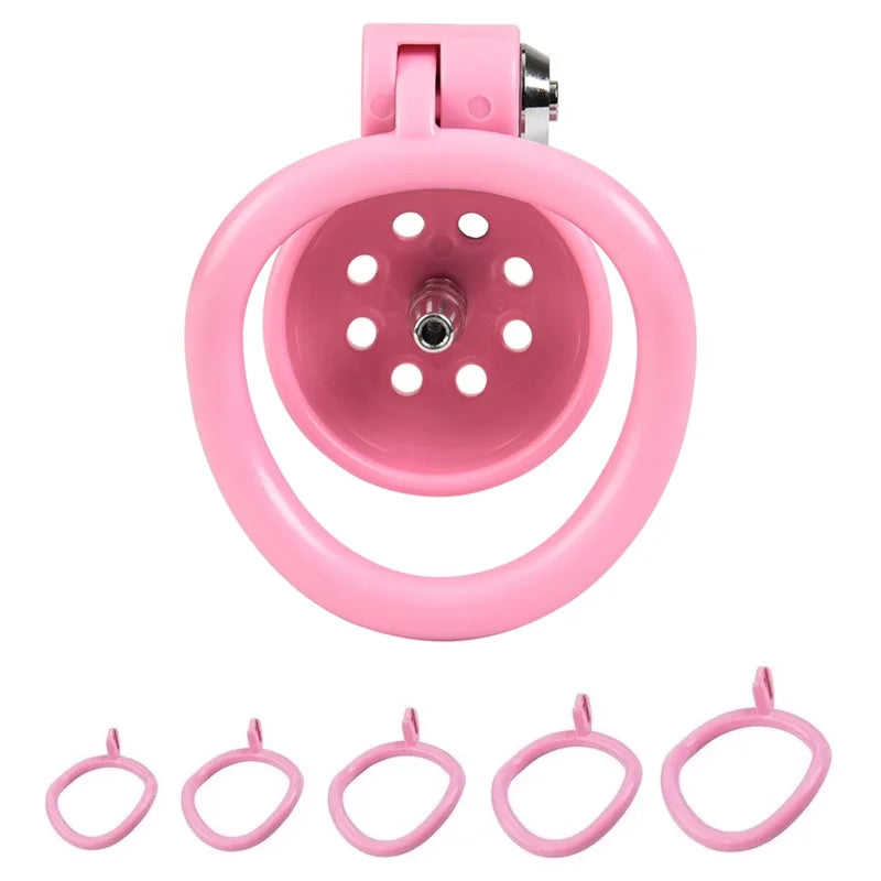 Pink Male Penis Chastity Cage Set Small Bird Chastity Cage Belt With Padlock 5 Cock Ring Penis Bondage Slave Man Sex Toy