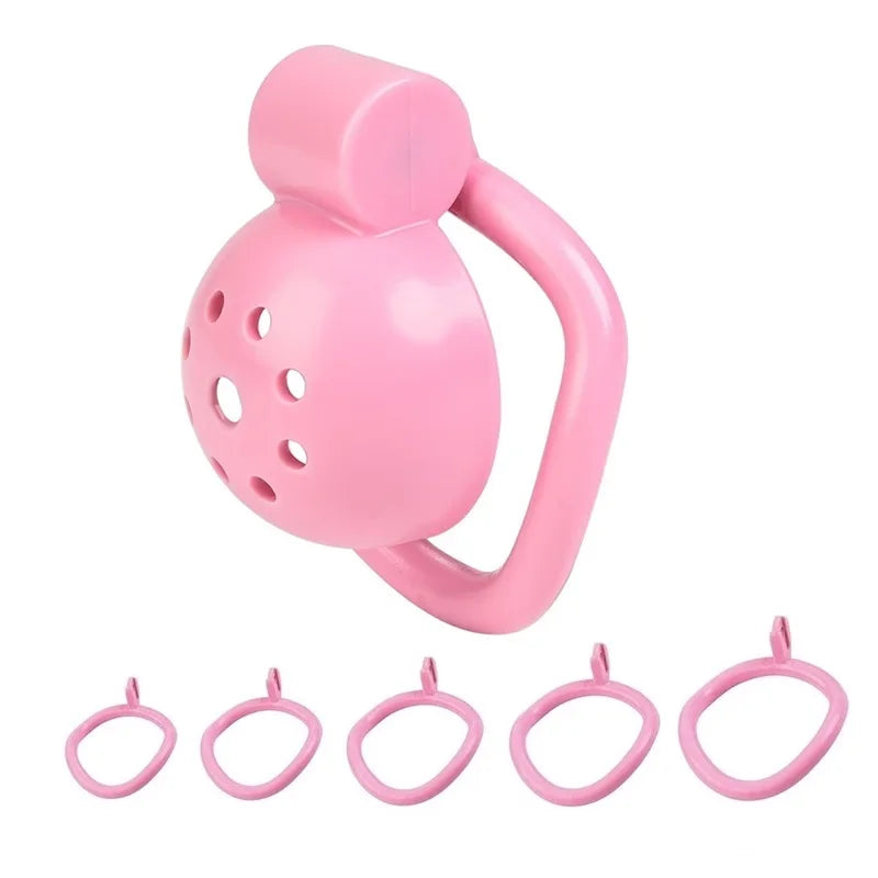 Pink Male Penis Chastity Cage Set Small Bird Chastity Cage Belt With Padlock 5 Cock Ring Penis Bondage Slave Man Sex Toy