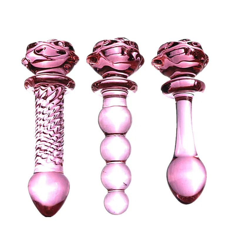 Pink Rose Glass Anal Plug Smooth Anal Beads Prostata Massage Glass Butt Plug  Adult Sex Toys for Women Men Glass Dildo