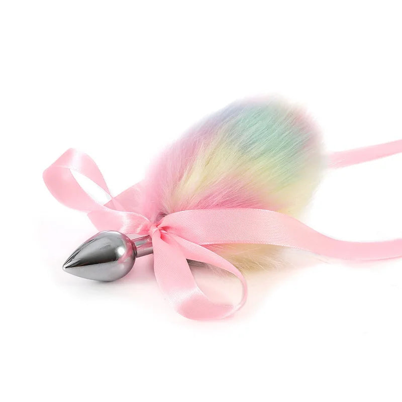 Rainbow metal small cute rabbit bunny headband pink silk fox tail ball anal bead butt plug set sex toy cosplay game men women