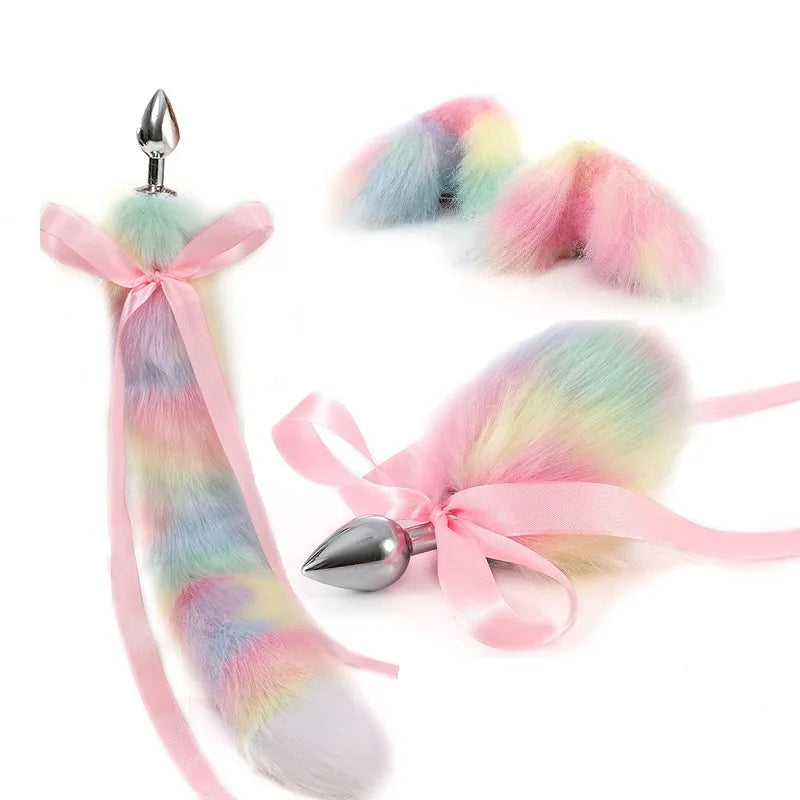 Rainbow metal small cute rabbit bunny headband pink silk fox tail ball anal bead butt plug set sex toy cosplay game men women