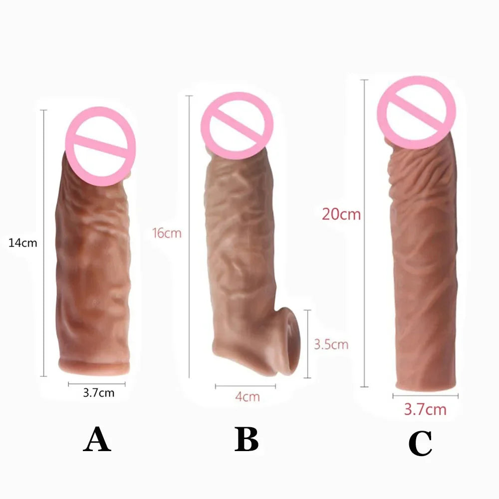 Realistic Penis Extension Cock Sleeve Reusable Silicone Penis Enlarger Delay Condoms For Men Dildo Enhancer Sex Toys