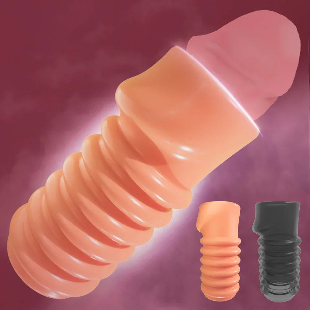 Reusable Penis Enlargement Sleeve Penis Attachment Male Delayed Ejaculation Semen Glans Massager Cover Condoms Sex Toy for Adult