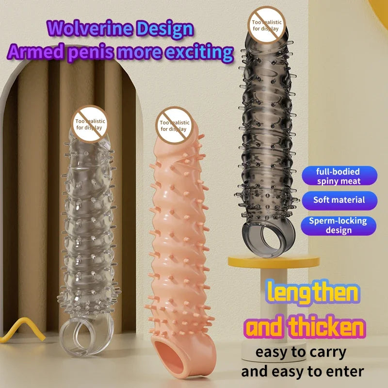 Reusable Penis Ring Condom With Spike Dotted Penis Sleeve For Men Cock Ring Cover on Penis Dick Extensions condom Adult Sex Toys