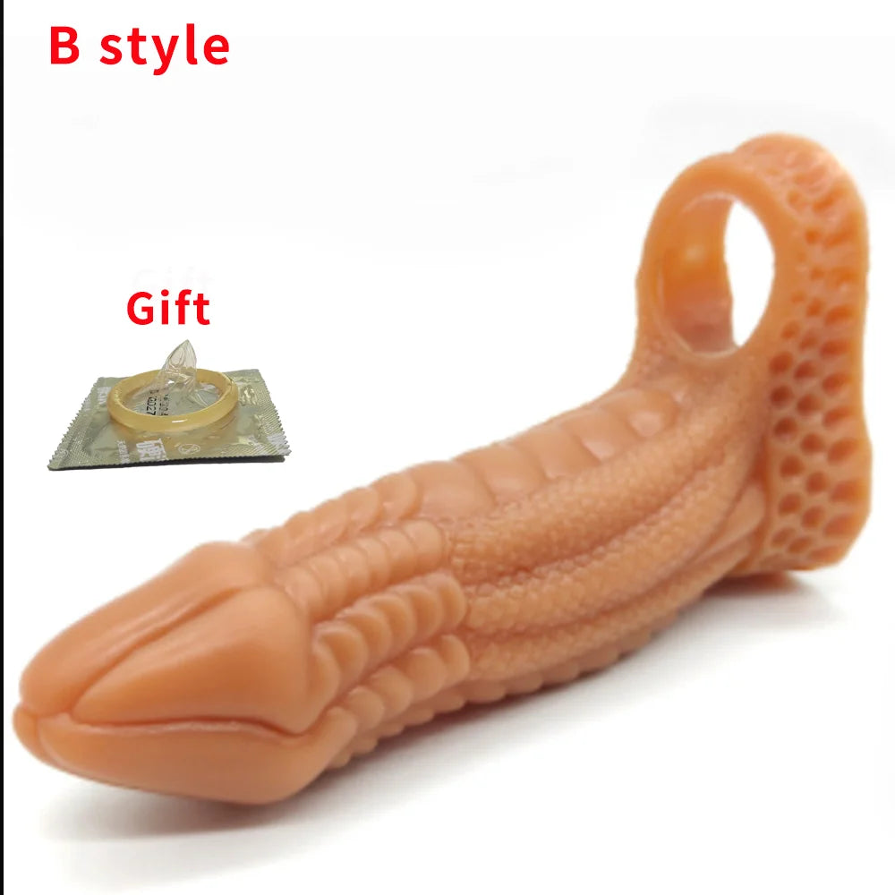 Reusable Silicone Penis Sleeve Big Dick Male Condoms Dog Knot Hollow Dildo Colorful Penis Enlargement Sex Toys For Men Adult 18+