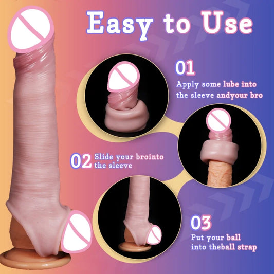 Reusable silicone condom realistic hollow dildos scrotal ring cock sleeve feature adult male penis sex toys for men couples