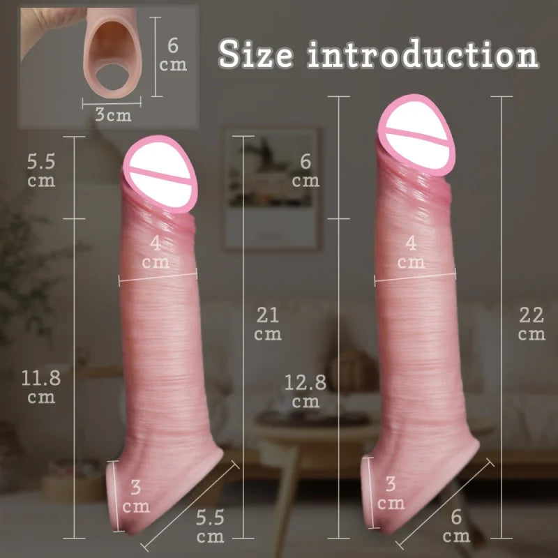 Reusable silicone condom realistic hollow dildos scrotal ring cock sleeve feature adult male penis sex toys for men couples