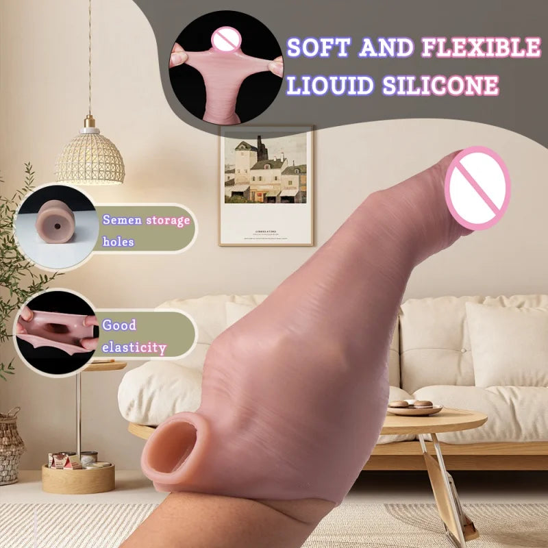 Reusable silicone condom realistic hollow dildos scrotal ring cock sleeve feature adult male penis sex toys for men couples