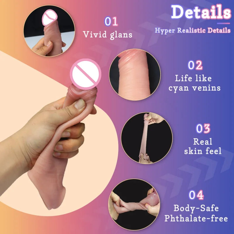 Reusable silicone condom realistic hollow dildos scrotal ring cock sleeve feature adult male penis sex toys for men couples