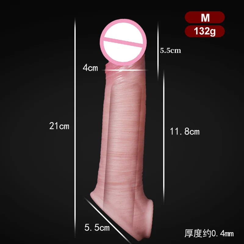 Reusable silicone condom realistic hollow dildos scrotal ring cock sleeve feature adult male penis sex toys for men couples