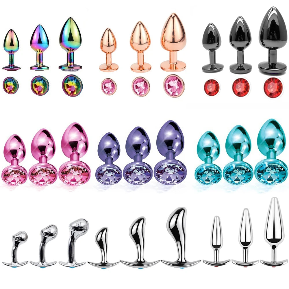 Rose Gold Rainbow Metal Anal Beads Butt Plug Set Colorful Crystal Mini Small Medium Large Anal Plug Jewelry Sex Toy insert dildo