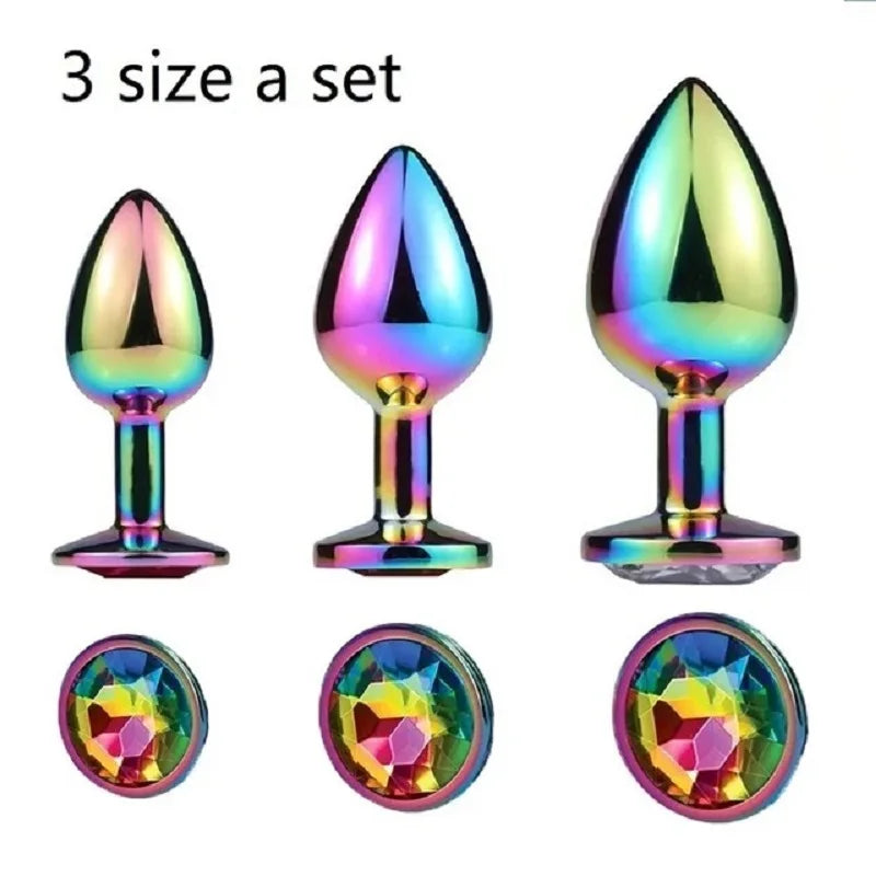 Rose Gold Rainbow Metal Anal Beads Butt Plug Set Colorful Crystal Mini Small Medium Large Anal Plug Jewelry Sex Toy insert dildo