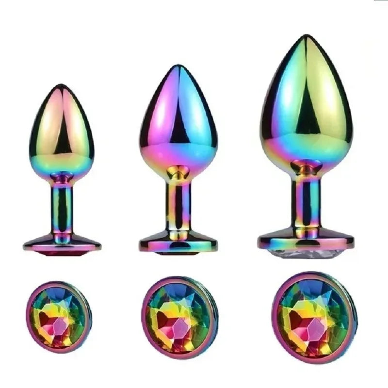 Rose Gold Rainbow Metal Anal Beads Butt Plug Set Colorful Crystal Mini Small Medium Large Anal Plug Jewelry Sex Toy insert dildo