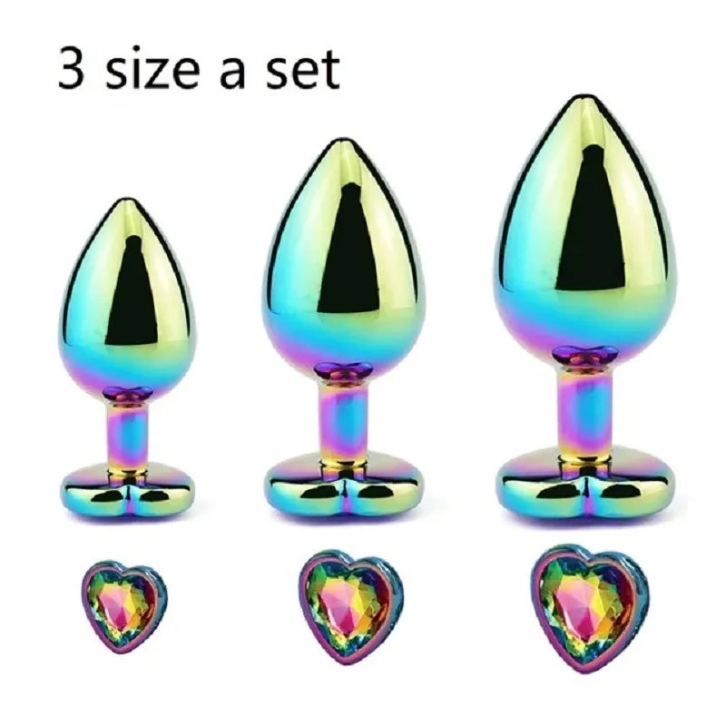 Rose Gold Rainbow Metal Anal Beads Butt Plug Set Colorful Crystal Mini Small Medium Large Anal Plug Jewelry Sex Toy insert dildo