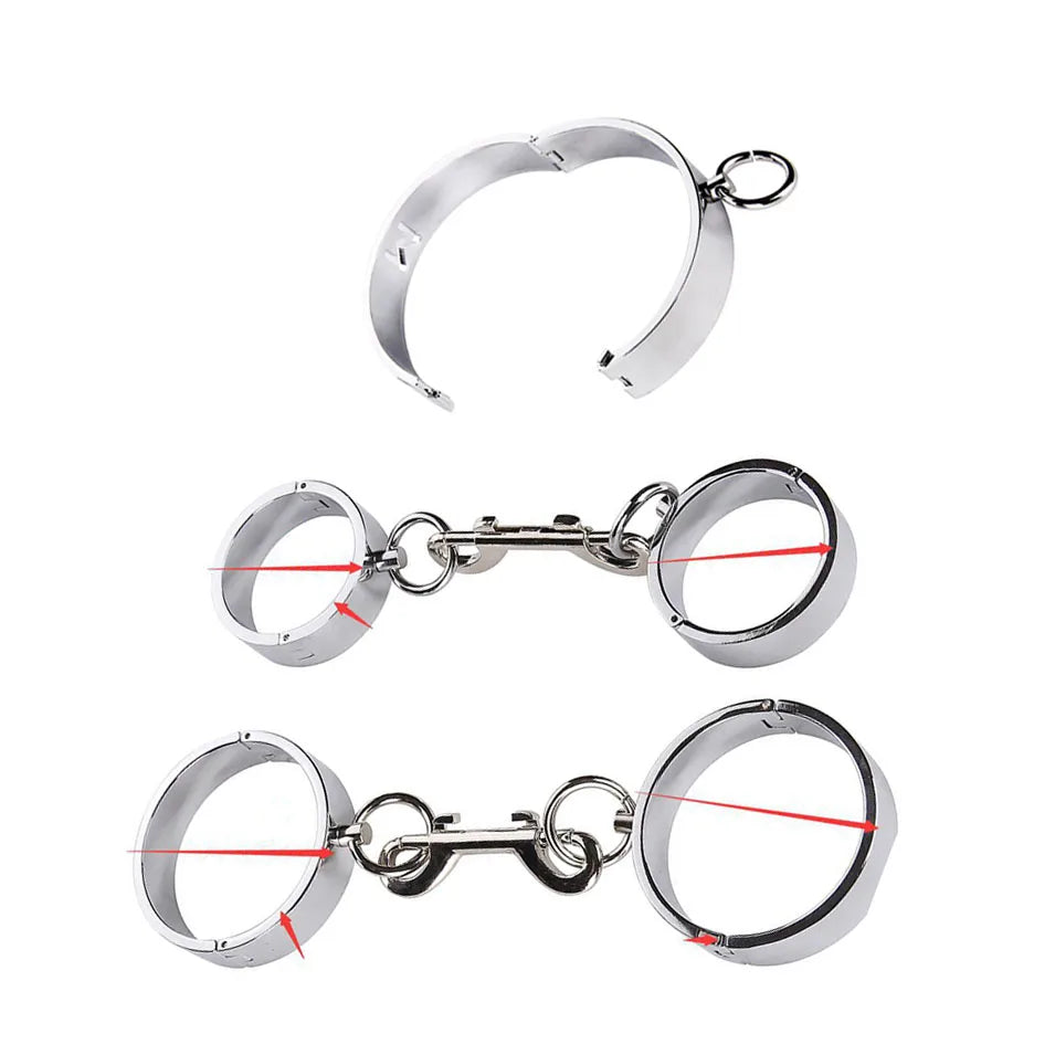 SM Heavey Stainless Steel Bondage Set with Hook Connected Handcuffs Anklecuffs Neck Collar Bdsm Restraint Slave Role Play