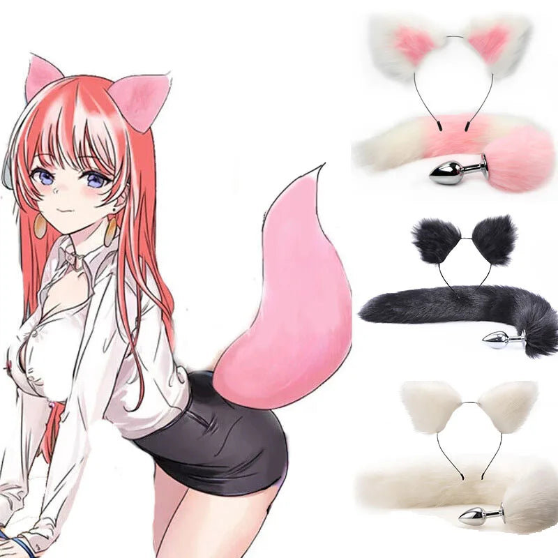 Sex Cute Soft Fox Ears Headbands with Plush Tail Metal Anal Plug Erotic Cosplay Adult sex Accessories BDSM Toys for Couple