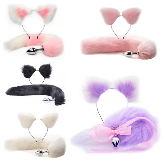 Sex Cute Soft Fox Ears Headbands with Plush Tail Metal Anal Plug Erotic Cosplay Adult sex Accessories BDSM Toys for Couple