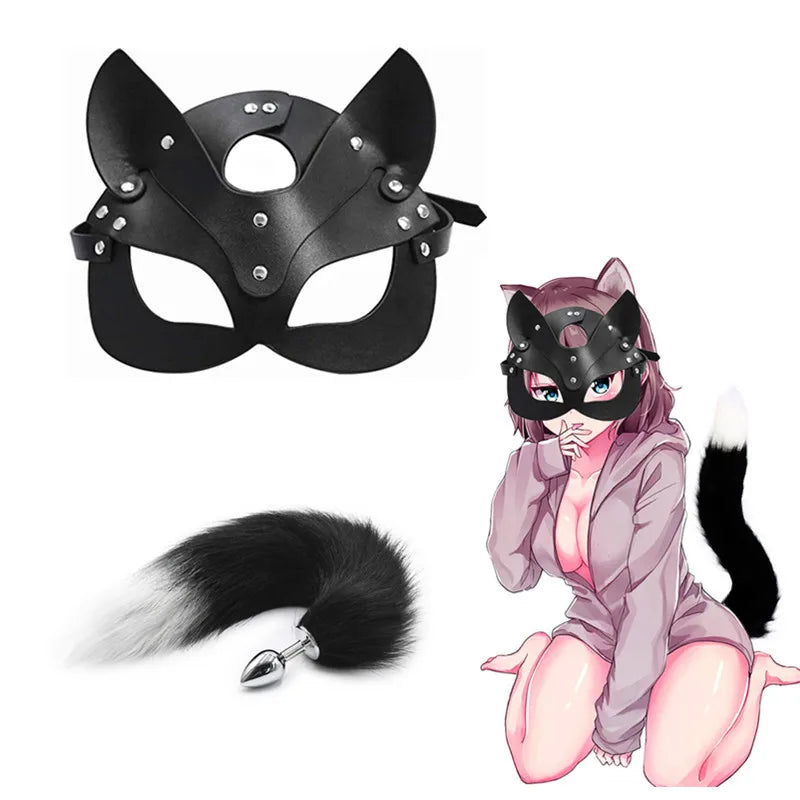 Sex Toys for Woman Cosplay Fox Mask Tail Anal Plug Metal Anus Butt Plug Mask Half Cat Mask Party Sexy Adult Mask Game Masks BDSM