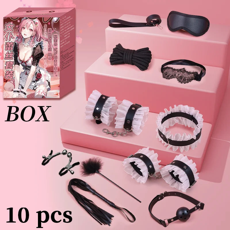 Sexy Leather BDSM Kits Handcuffs Whip Gag Nipple Clamps Lace Sex Bondage Set Sex Games Sex Toys For Couples Erotic Accessories