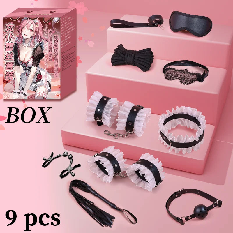 Sexy Leather BDSM Kits Handcuffs Whip Gag Nipple Clamps Lace Sex Bondage Set Sex Games Sex Toys For Couples Erotic Accessories