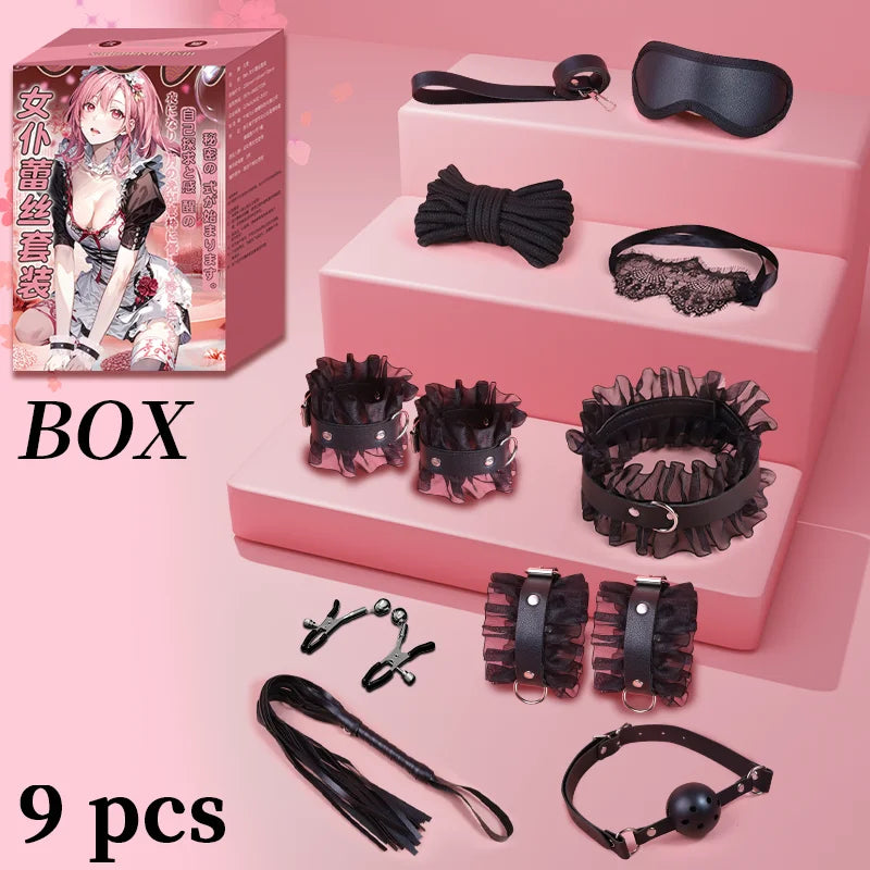 Sexy Leather BDSM Kits Handcuffs Whip Gag Nipple Clamps Lace Sex Bondage Set Sex Games Sex Toys For Couples Erotic Accessories