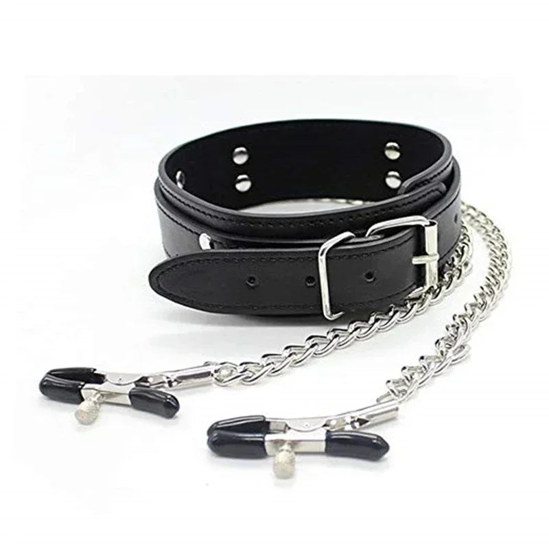 Sexy Leather Choker Collar With Nipple Clamp Breast Clip Chain SM Bondage Couple SM Sex Toys For Woman Erotic Tools Adult Games