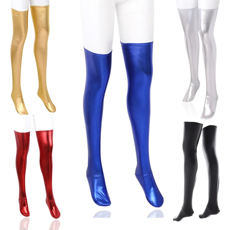 Sexy Shiny PU Leather Wetlook Thigh High Stockings Women Wet Look Latex Style Thigh-Highs Punk Hen Party  Wear Outfit