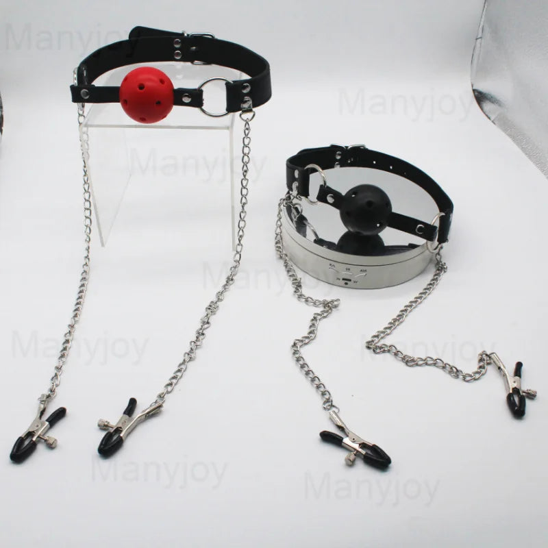 Sexy Toys PU Leather Open Mouth Gag Ball with Chain Nipple Clip Oral Open  Bondage Adult Games Erotic Sex Toy for Couple