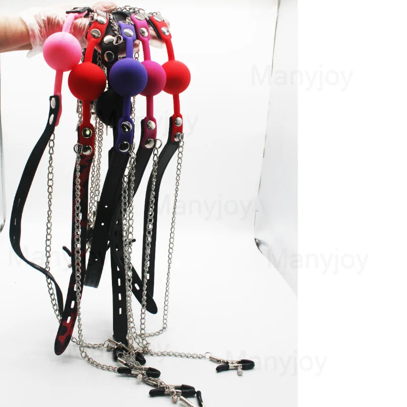 Sexy Toys PU Leather Open Mouth Gag Ball with Chain Nipple Clip Oral Open  Bondage Adult Games Erotic Sex Toy for Couple