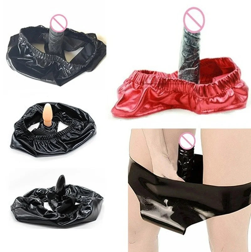 Sexy Wet Look Patent Leather Thong Panties Plug Chastity Briefs Strap on BDSM Sex Erotic Underwear Lingerie for Couple