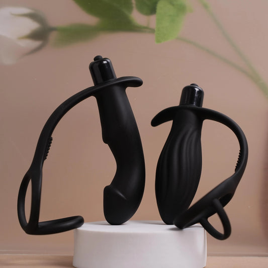 Silicone Anal Vibrator with 2 Rings Thrusting Prostate Stimulator Massager Delay Ejaculation Lock Ring Anal Butt Plug Sex Toys