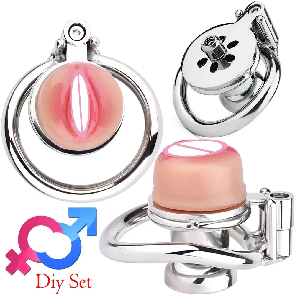 Sissy Flat Chastity Cage With Skin Pussy CBT Game Play Erect Denial Stainless Steel Negative Cock Ring Urethral Sex Tooy for Man