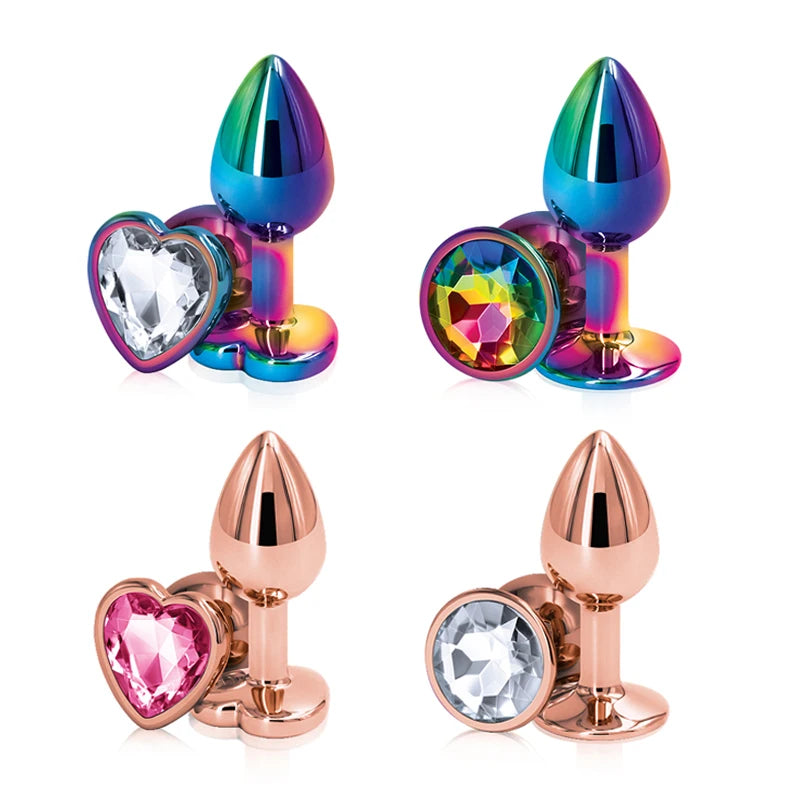 Small Medium Set Crystal Heart Round Shape Rose Gold Rainbow Metal Anal Beads Butt Plug Jewelry Insert Sex Toy For Female Male