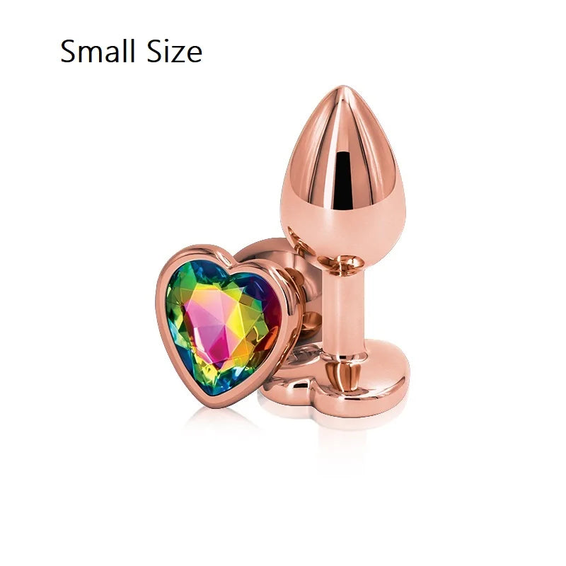 Small Medium Set Crystal Heart Round Shape Rose Gold Rainbow Metal Anal Beads Butt Plug Jewelry Insert Sex Toy For Female Male