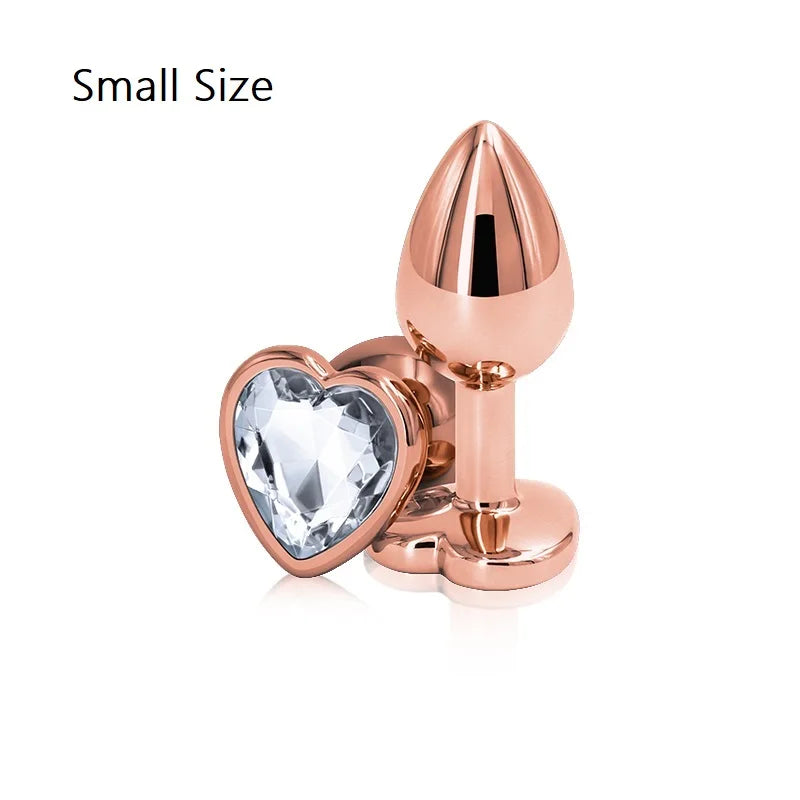 Small Medium Set Crystal Heart Round Shape Rose Gold Rainbow Metal Anal Beads Butt Plug Jewelry Insert Sex Toy For Female Male