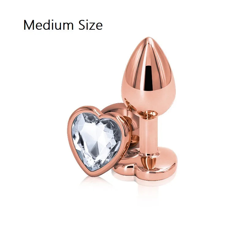 Small Medium Set Crystal Heart Round Shape Rose Gold Rainbow Metal Anal Beads Butt Plug Jewelry Insert Sex Toy For Female Male