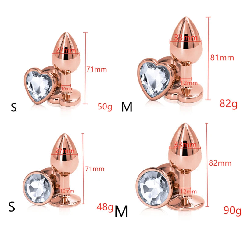 Small Medium Set Crystal Heart Round Shape Rose Gold Rainbow Metal Anal Beads Butt Plug Jewelry Insert Sex Toy For Female Male