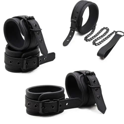 Soft PU Adjustable Leather Handcuffs Ankle Cuffs Restraints Bondage Collar Leash BDSM Sex Toys for Couples Exotic Accessories