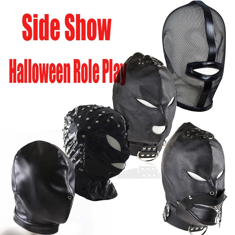 Soft PU Leather Hood Mask Blindfold Full Head Harness Restraints Mask BDSM Bondage Gimp Halloween Mask Sex Toys for Couples