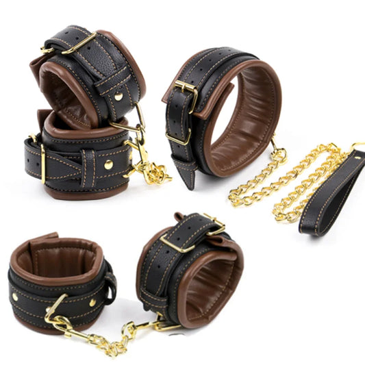 Soft Sponge Handcuffs Ankle Cuffs Bondage Chain Connected Neck Collar Brown Black Restraint Sex Toy for Couple Adult Game BDSM