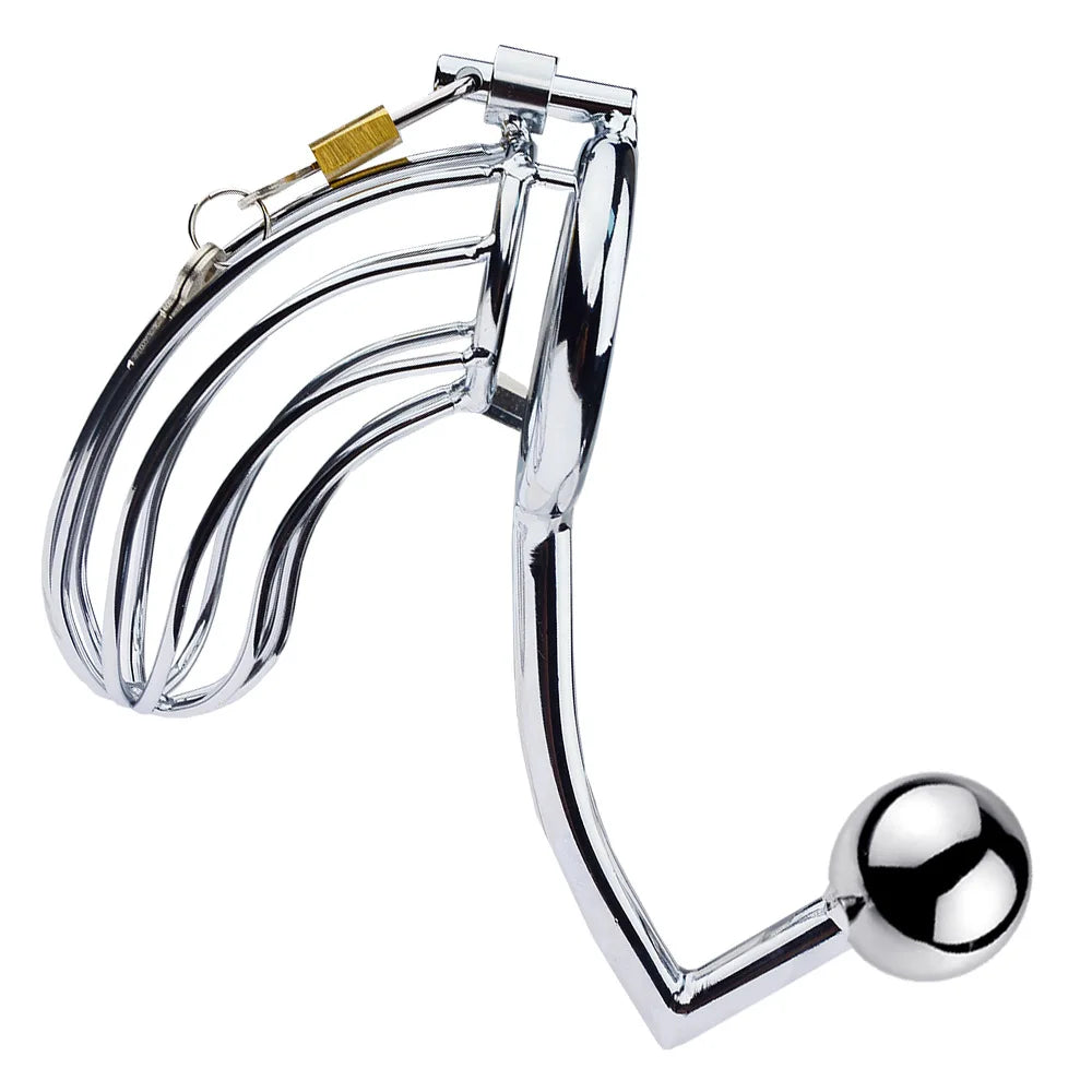 Stainless Steel Cock Cage Penis Ring Anal Hook Butt Plug G-Spot Stimulate Male Chastity Device Sex Toys For Men Male Masturbator