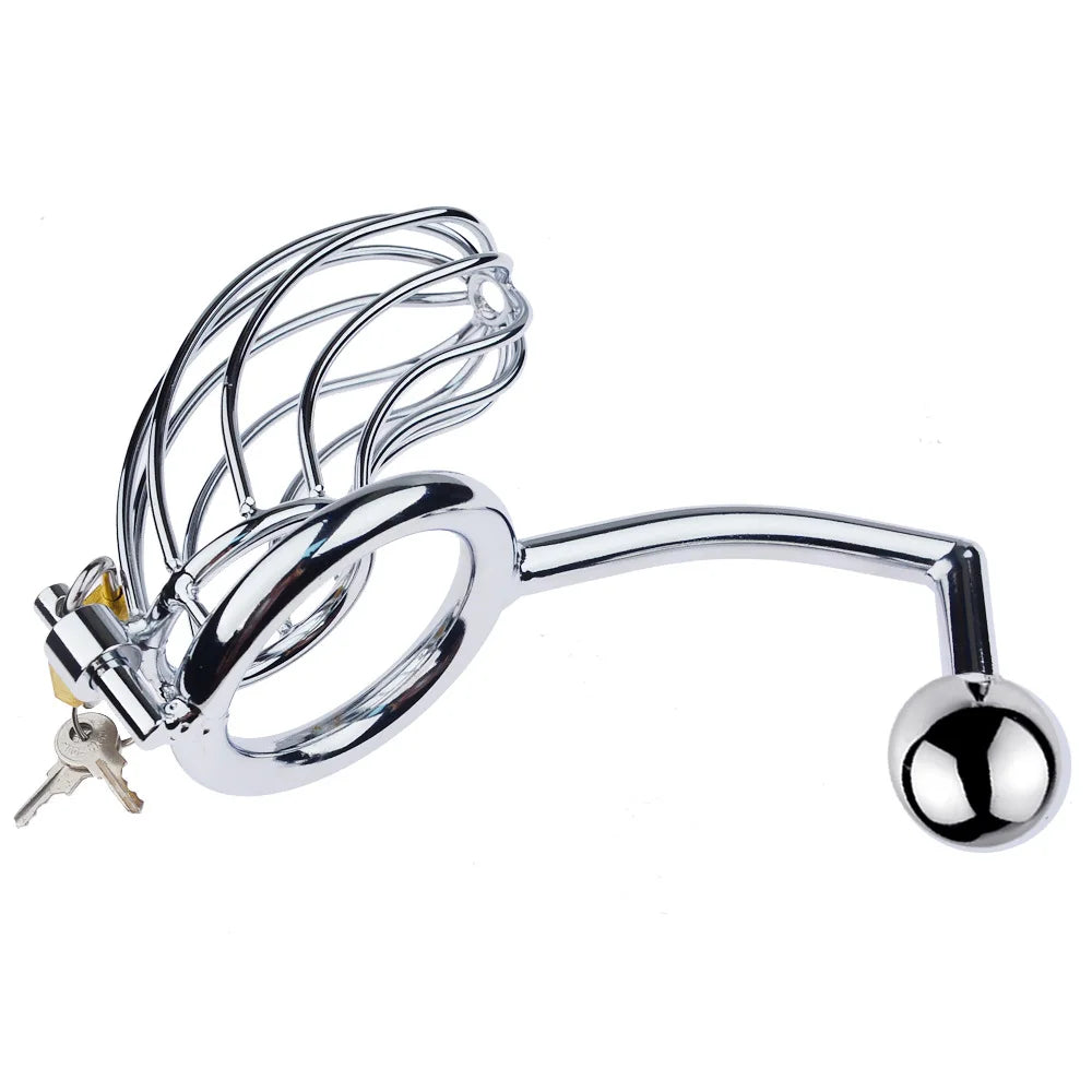 Stainless Steel Cock Cage Penis Ring Anal Hook Butt Plug G-Spot Stimulate Male Chastity Device Sex Toys For Men Male Masturbator