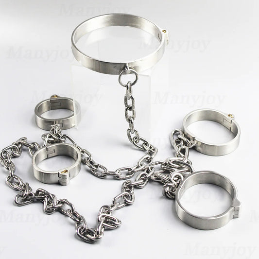 Stainless Steel Heavy Duty Handcuffs Ankle Slave Collar Cuffs Chain Shackle BDSM Bondage Leg Restraints Sex Toys for Couples