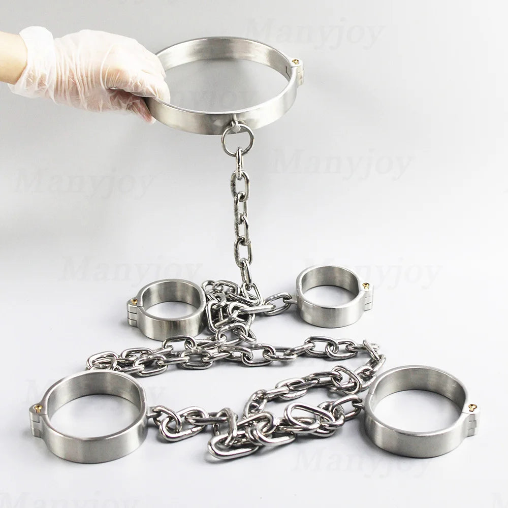 Stainless Steel Heavy Duty Handcuffs Ankle Slave Collar Cuffs Chain Shackle BDSM Bondage Leg Restraints Sex Toys for Couples