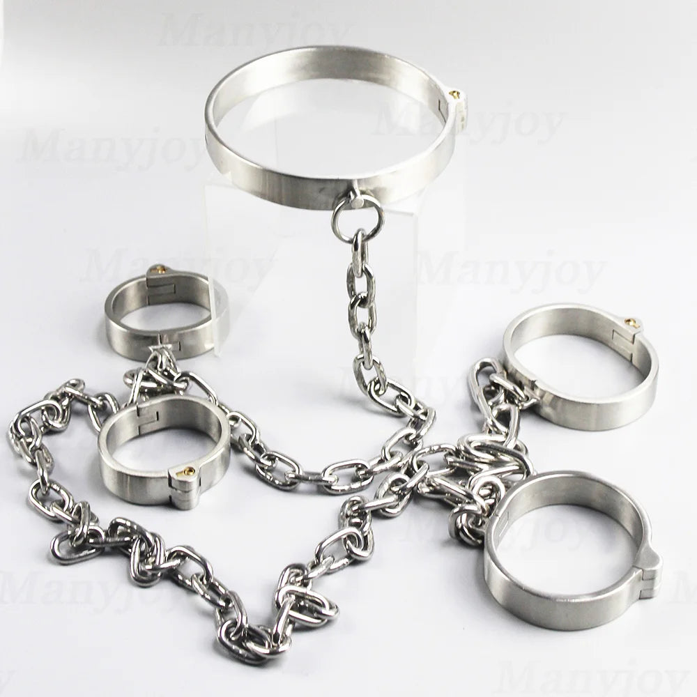 Stainless Steel Heavy Duty Handcuffs Ankle Slave Collar Cuffs Chain Shackle BDSM Bondage Leg Restraints Sex Toys for Couples