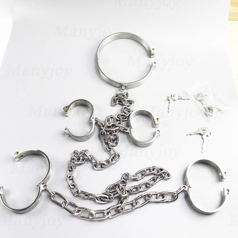 Stainless Steel Heavy Duty Handcuffs Ankle Slave Collar Cuffs Chain Shackle BDSM Bondage Leg Restraints Sex Toys for Couples